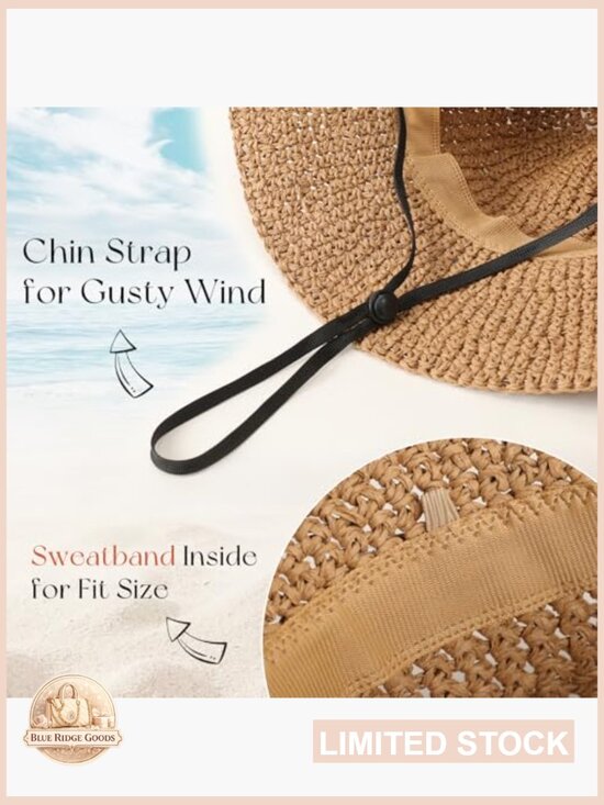 Foldable Straw Bucket Hat UPF 50+ Sun Protection Handmade Adjustable Chin Strap main image 4